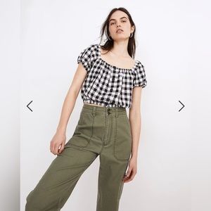 Madewell Gingham Linen Blend Puff Sleeve Crop Top